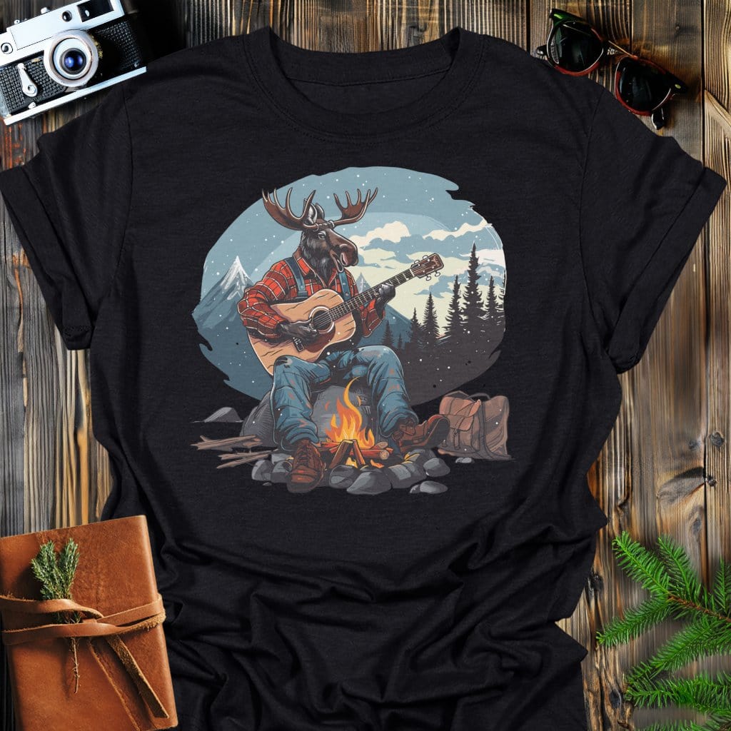 Snowy Moose Mountain Jam T-Shirt In Black / S Lightweight adventure tee for outdoor lovers Perfect for hiking camping or road trips Made from soft breathable cotton for all-day comfort Ideal for nature lovers and adventurers FAYO Threads outdoor apparel remember Fun Awaits You Outside