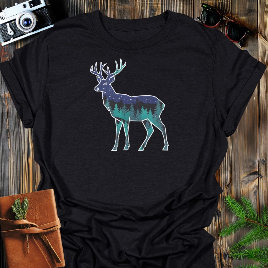 Starlit Stag T-Shirt In Black / S Lightweight adventure tee for outdoor lovers Perfect for hiking camping or road trips Made from soft breathable cotton for all-day comfort Ideal for nature lovers and adventurers FAYO Threads outdoor apparel remember Fun Awaits You Outside