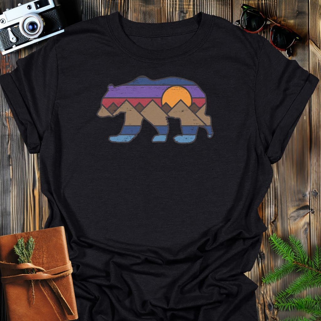 Sunset Bear T-Shirt In Black / S Lightweight adventure tee for outdoor lovers Perfect for hiking camping or road trips Made from soft breathable cotton for all-day comfort Ideal for nature lovers and adventurers FAYO Threads outdoor apparel remember Fun Awaits You Outside