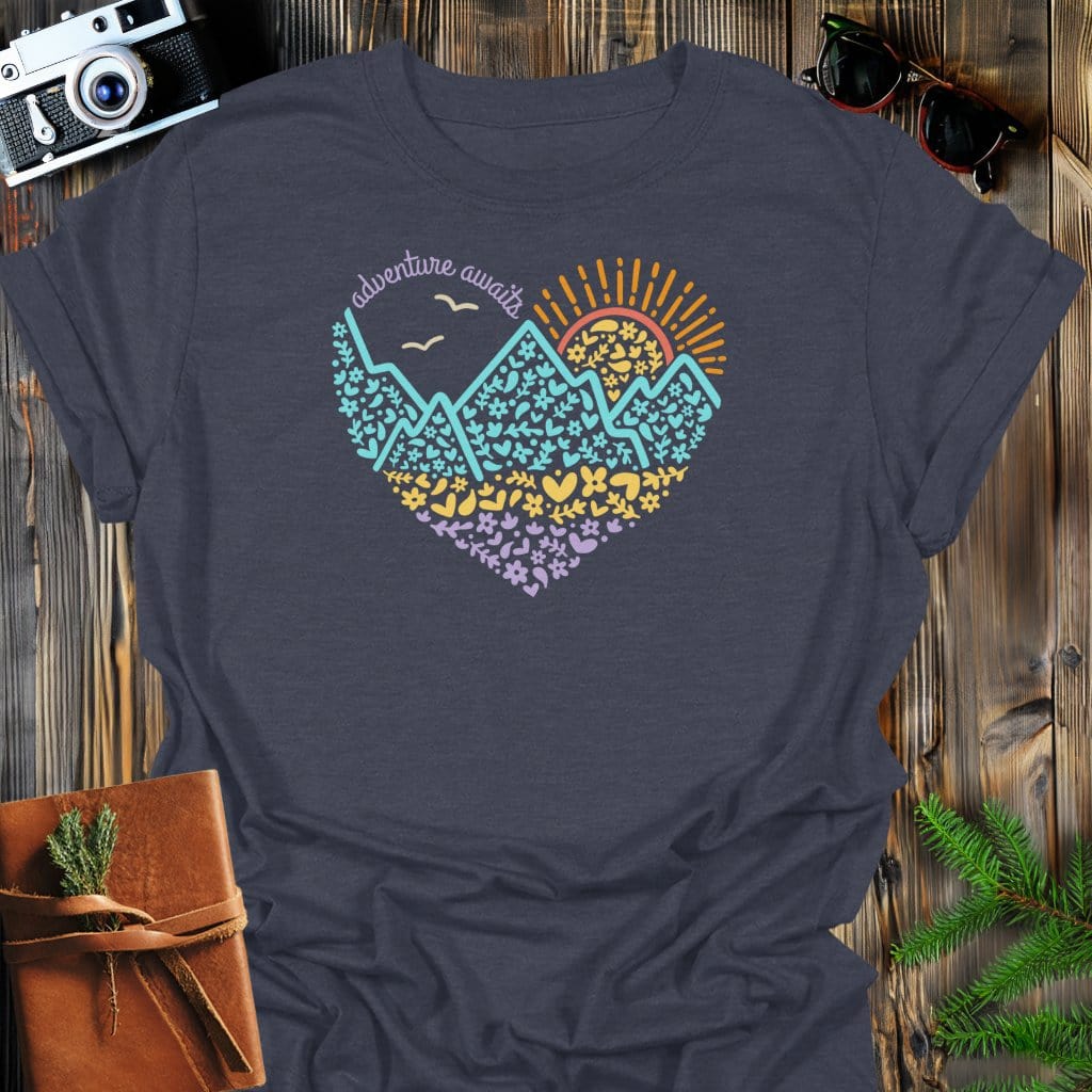 Adventure Heart T-Shirt In Dark Heather / S Lightweight adventure tee for outdoor lovers Perfect for hiking camping or road trips Made from soft breathable cotton for all-day comfort Ideal for nature lovers and adventurers FAYO Threads outdoor apparel remember Fun Awaits You Outside