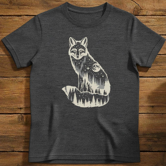 Moonlit Fox T-Shirt In Dark Heather / S Lightweight adventure tee for outdoor lovers Perfect for hiking camping or road trips Made from soft breathable cotton for all-day comfort Ideal for nature lovers and adventurers FAYO Threads outdoor apparel remember Fun Awaits You Outside