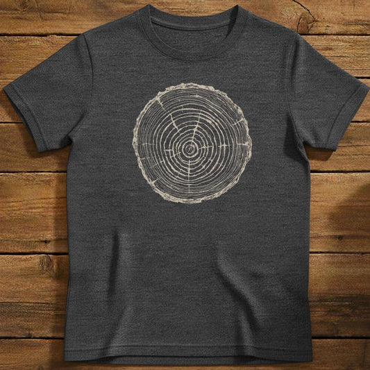 Tree Rings T-Shirt In Dark Heather / S Lightweight adventure tee for outdoor lovers Perfect for hiking camping or road trips Made from soft breathable cotton for all-day comfort Ideal for nature lovers and adventurers FAYO Threads outdoor apparel remember Fun Awaits You Outside