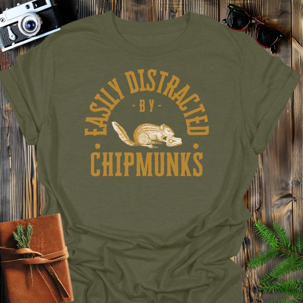 Distracted By Chipmunks T-Shirt In Military Green / S Lightweight adventure tee for outdoor lovers Perfect for hiking camping or road trips Made from soft breathable cotton for all-day comfort Ideal for nature lovers and adventurers FAYO Threads outdoor apparel remember Fun Awaits You Outside