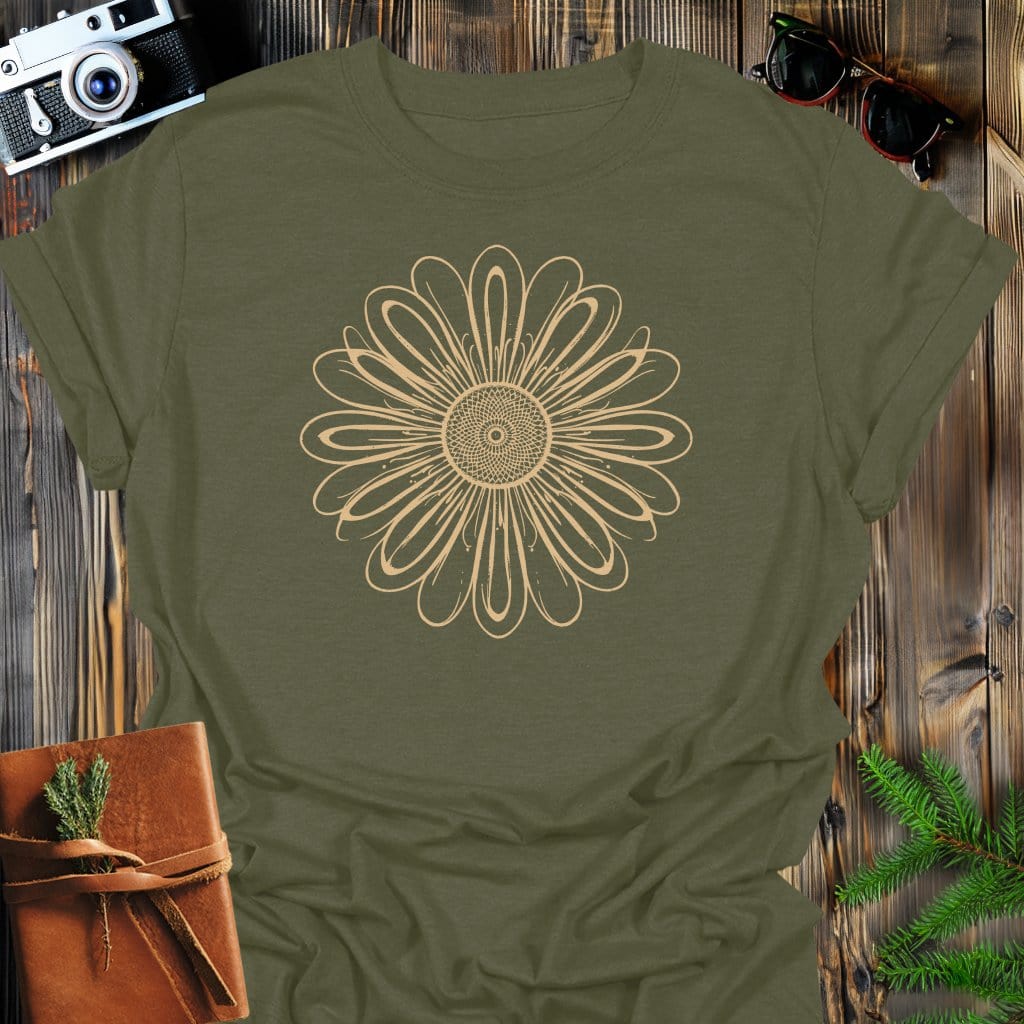Radiant Petals T-Shirt In Military Green / S Lightweight adventure tee for outdoor lovers Perfect for hiking camping or road trips Made from soft breathable cotton for all-day comfort Ideal for nature lovers and adventurers FAYO Threads outdoor apparel remember Fun Awaits You Outside