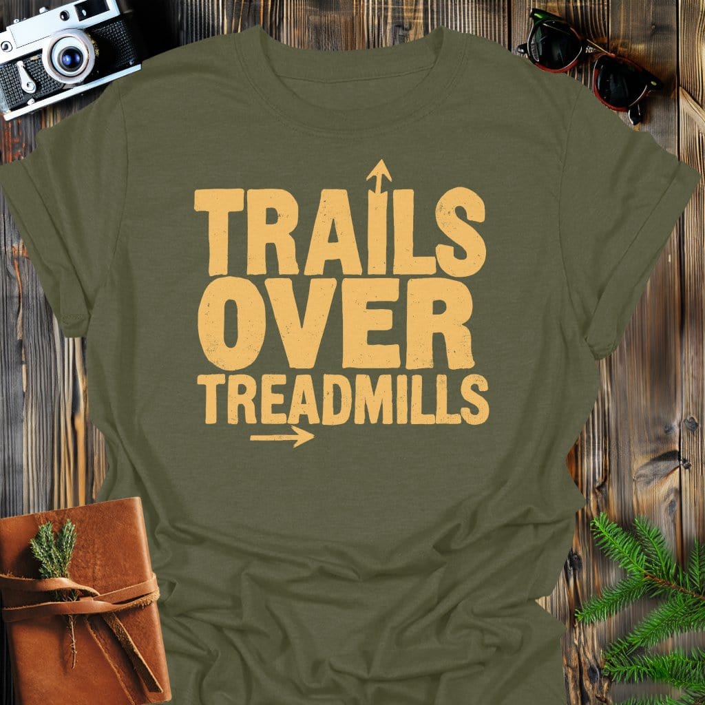 Trails Treadmills T-Shirt In Military Green / S Lightweight adventure tee for outdoor lovers Perfect for hiking camping or road trips Made from soft breathable cotton for all-day comfort Ideal for nature lovers and adventurers FAYO Threads outdoor apparel remember Fun Awaits You Outside