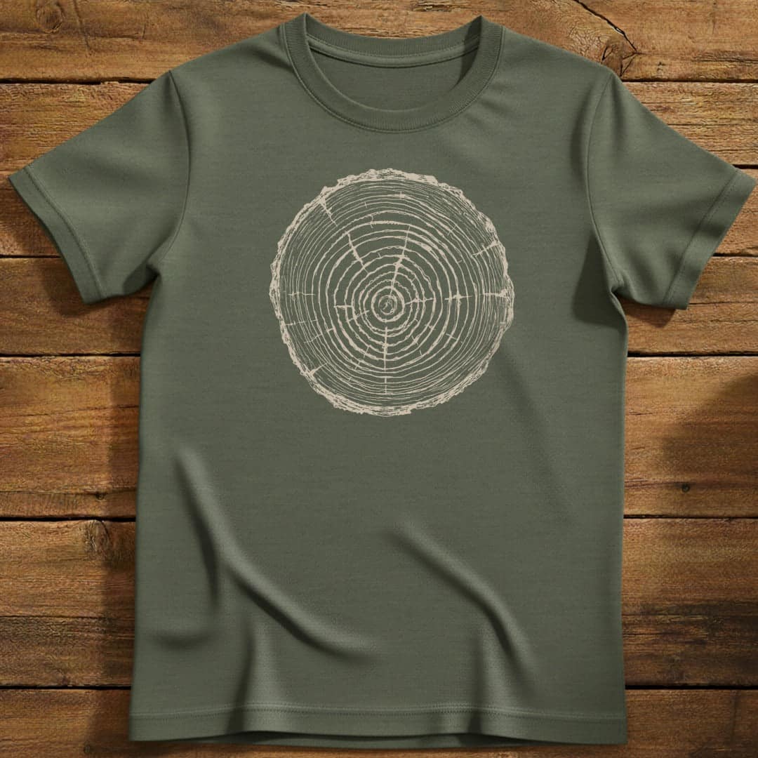 Tree Rings T-Shirt In Military Green / S Lightweight adventure tee for outdoor lovers Perfect for hiking camping or road trips Made from soft breathable cotton for all-day comfort Ideal for nature lovers and adventurers FAYO Threads outdoor apparel remember Fun Awaits You Outside
