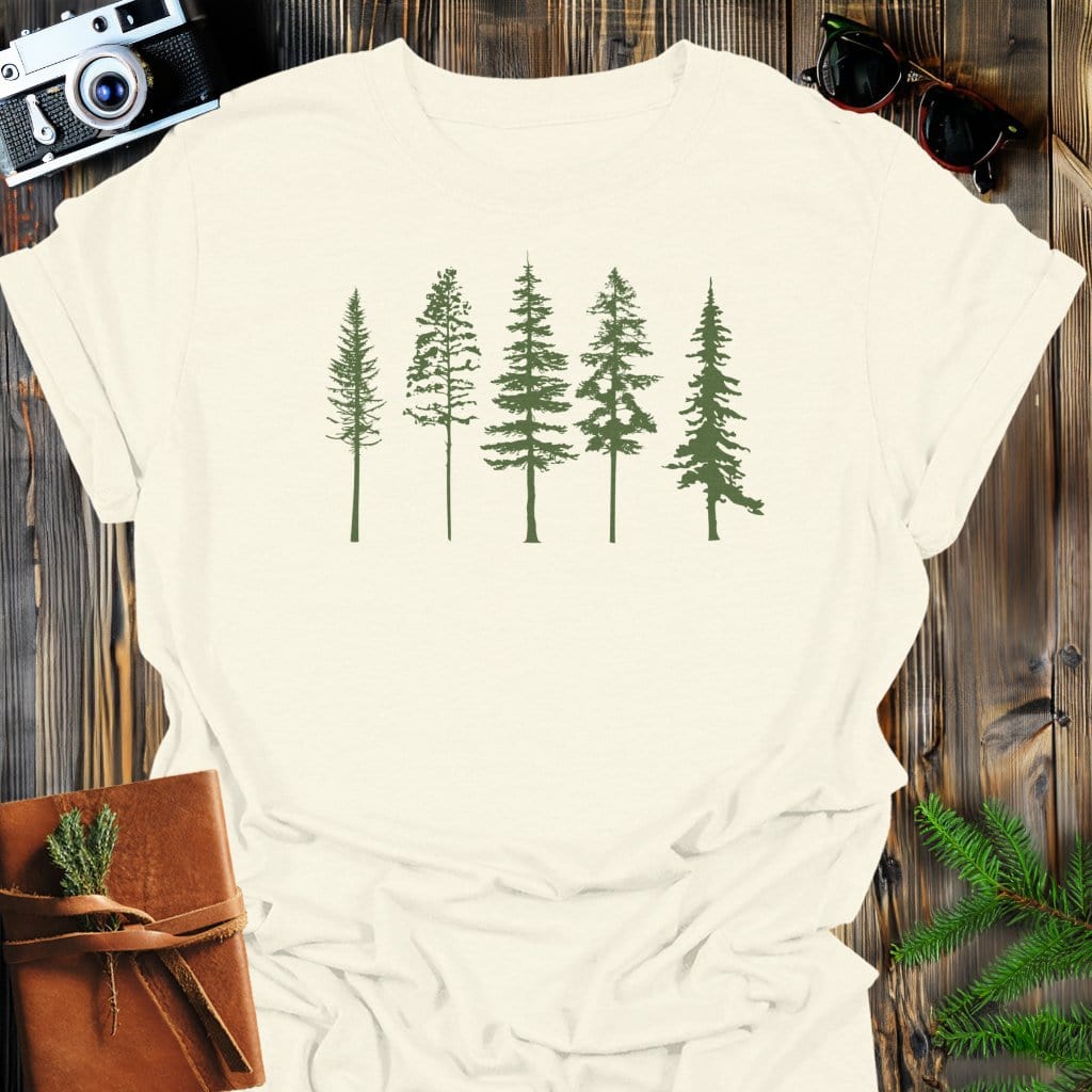 Evergreen Row T-Shirt In Natural / S Lightweight adventure tee for outdoor lovers Perfect for hiking camping or road trips Made from soft breathable cotton for all-day comfort Ideal for nature lovers and adventurers FAYO Threads outdoor apparel remember Fun Awaits You Outside