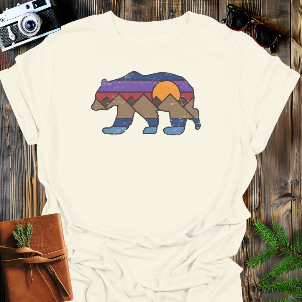 Sunset Bear T-Shirt In Natural / S Lightweight adventure tee for outdoor lovers Perfect for hiking camping or road trips Made from soft breathable cotton for all-day comfort Ideal for nature lovers and adventurers FAYO Threads outdoor apparel remember Fun Awaits You Outside