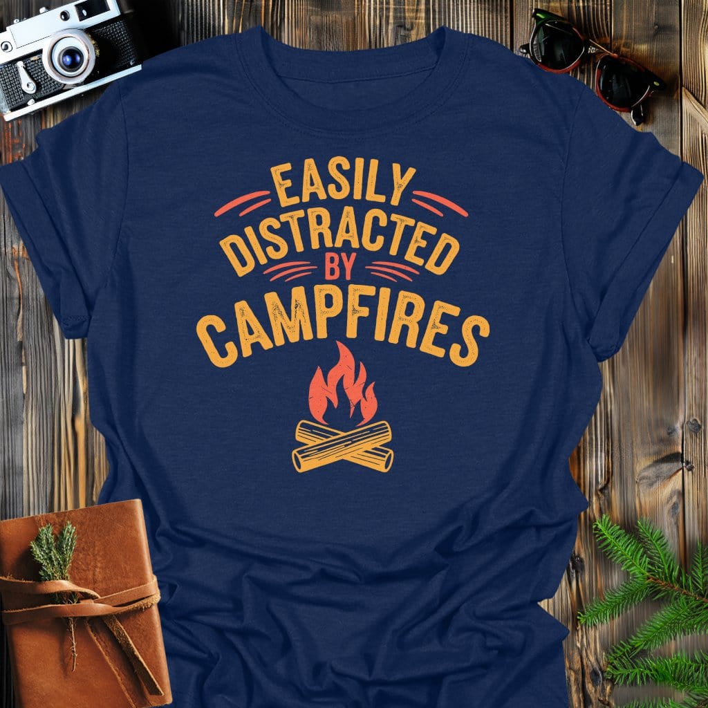 Distracted by Campfires T-Shirt In Navy / S Lightweight adventure tee for outdoor lovers Perfect for hiking camping or road trips Made from soft breathable cotton for all-day comfort Ideal for nature lovers and adventurers FAYO Threads outdoor apparel remember Fun Awaits You Outside