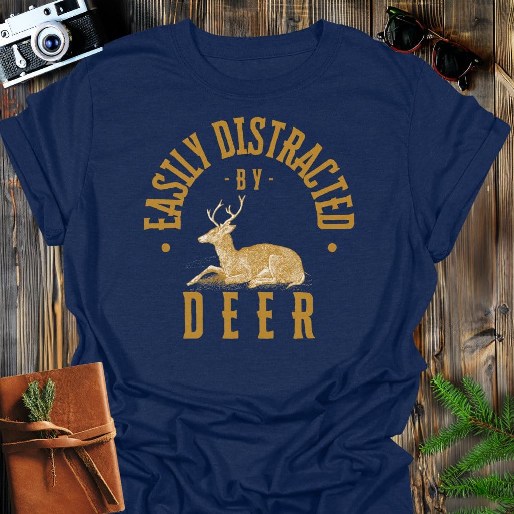 Distracted By Deer T-Shirt In Navy / S Lightweight adventure tee for outdoor lovers Perfect for hiking camping or road trips Made from soft breathable cotton for all-day comfort Ideal for nature lovers and adventurers FAYO Threads outdoor apparel remember Fun Awaits You Outside
