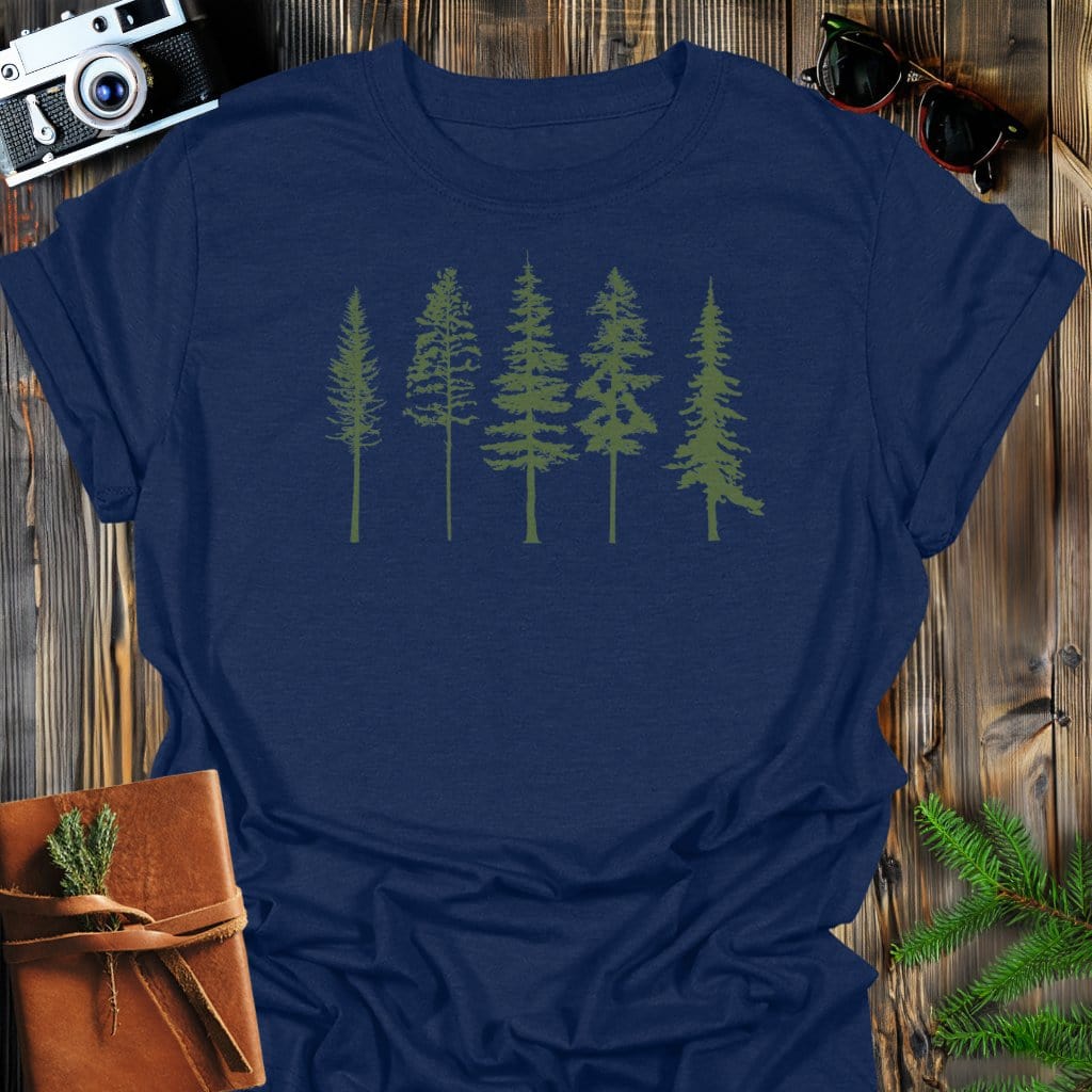 Evergreen Row T-Shirt In Navy / S Lightweight adventure tee for outdoor lovers Perfect for hiking camping or road trips Made from soft breathable cotton for all-day comfort Ideal for nature lovers and adventurers FAYO Threads outdoor apparel remember Fun Awaits You Outside