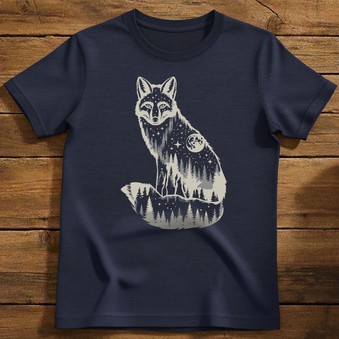Moonlit Fox T-Shirt In Navy / S Lightweight adventure tee for outdoor lovers Perfect for hiking camping or road trips Made from soft breathable cotton for all-day comfort Ideal for nature lovers and adventurers FAYO Threads outdoor apparel remember Fun Awaits You Outside