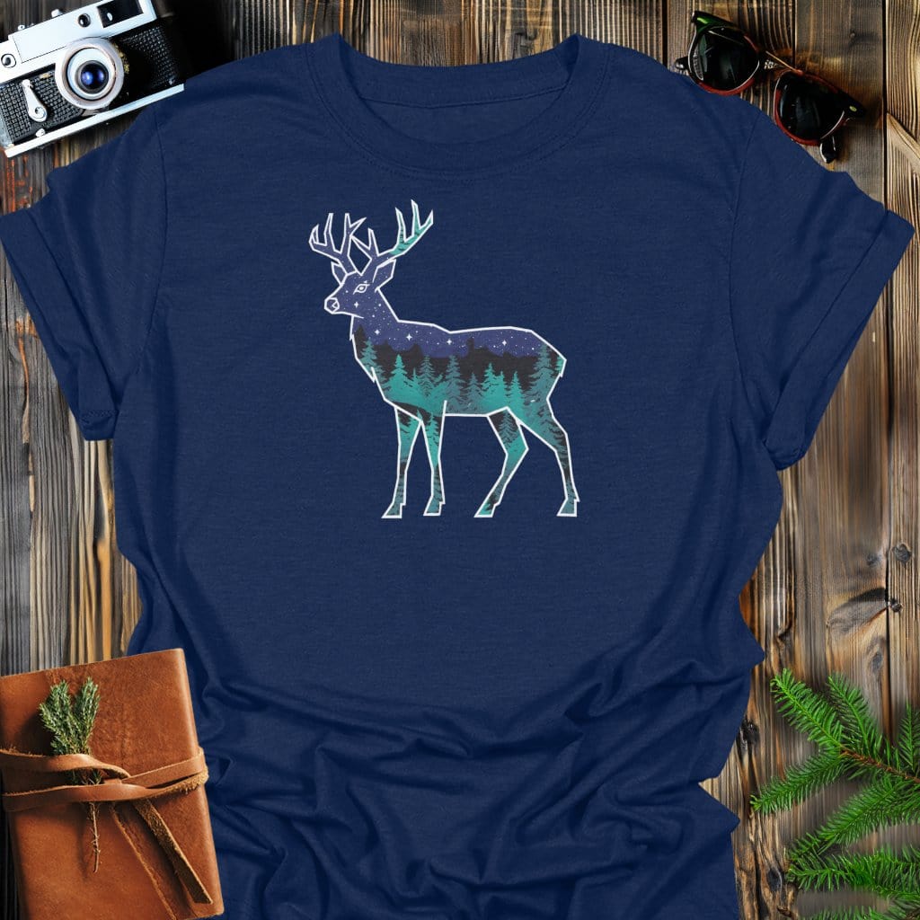 Starlit Stag T-Shirt In Navy / S Lightweight adventure tee for outdoor lovers Perfect for hiking camping or road trips Made from soft breathable cotton for all-day comfort Ideal for nature lovers and adventurers FAYO Threads outdoor apparel remember Fun Awaits You Outside