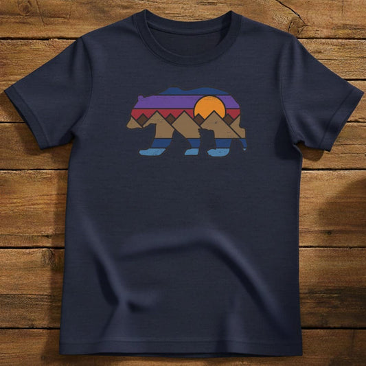 Sunset Bear T-Shirt In Navy / S Lightweight adventure tee for outdoor lovers Perfect for hiking camping or road trips Made from soft breathable cotton for all-day comfort Ideal for nature lovers and adventurers FAYO Threads outdoor apparel remember Fun Awaits You Outside