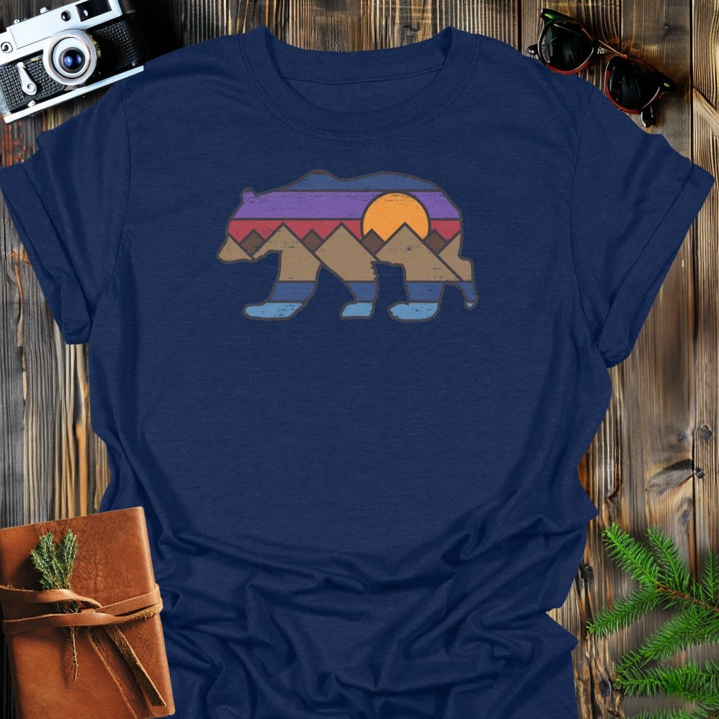 Sunset Bear T-Shirt In Navy / S Lightweight adventure tee for outdoor lovers Perfect for hiking camping or road trips Made from soft breathable cotton for all-day comfort Ideal for nature lovers and adventurers FAYO Threads outdoor apparel remember Fun Awaits You Outside