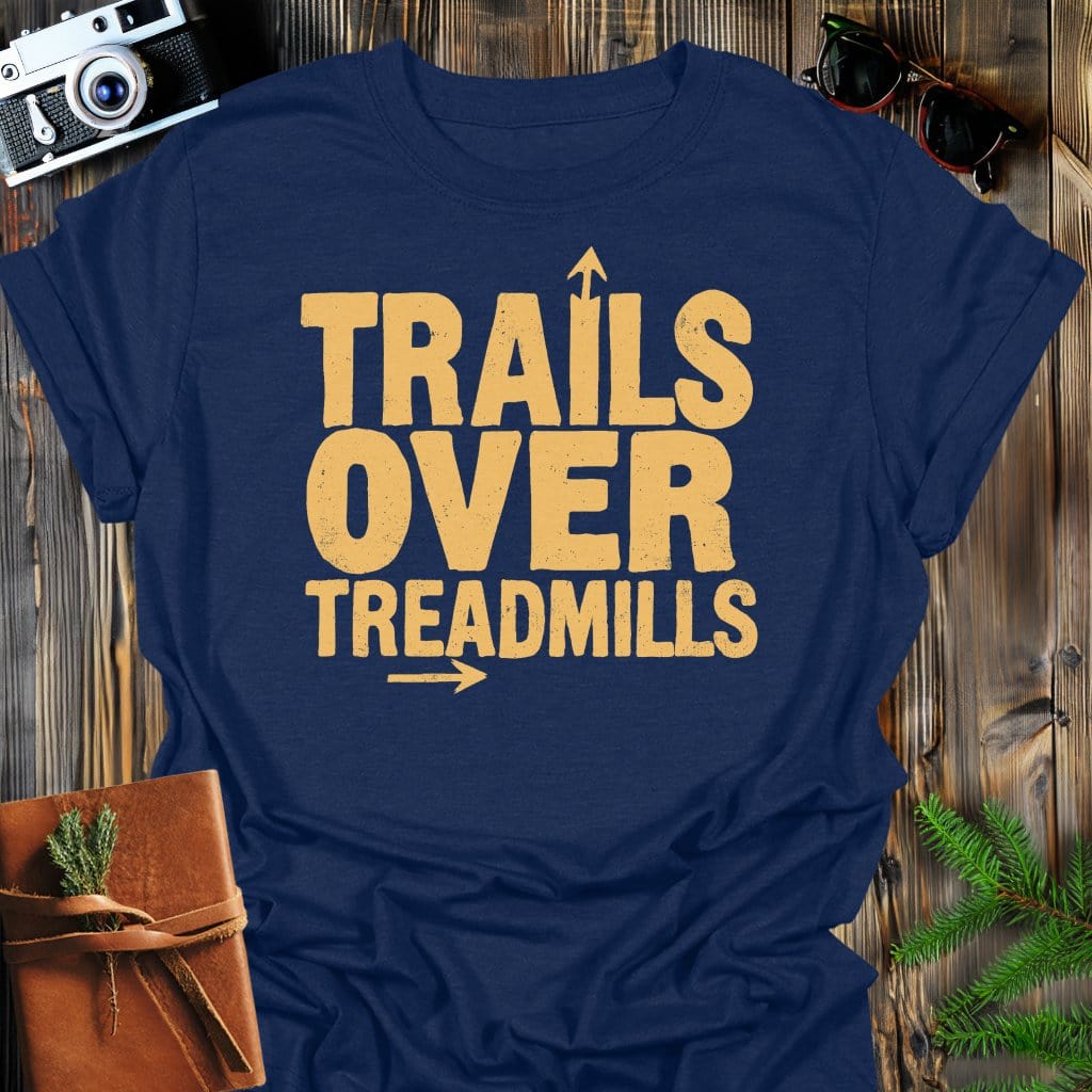 Trails Treadmills T-Shirt In Navy / S Lightweight adventure tee for outdoor lovers Perfect for hiking camping or road trips Made from soft breathable cotton for all-day comfort Ideal for nature lovers and adventurers FAYO Threads outdoor apparel remember Fun Awaits You Outside