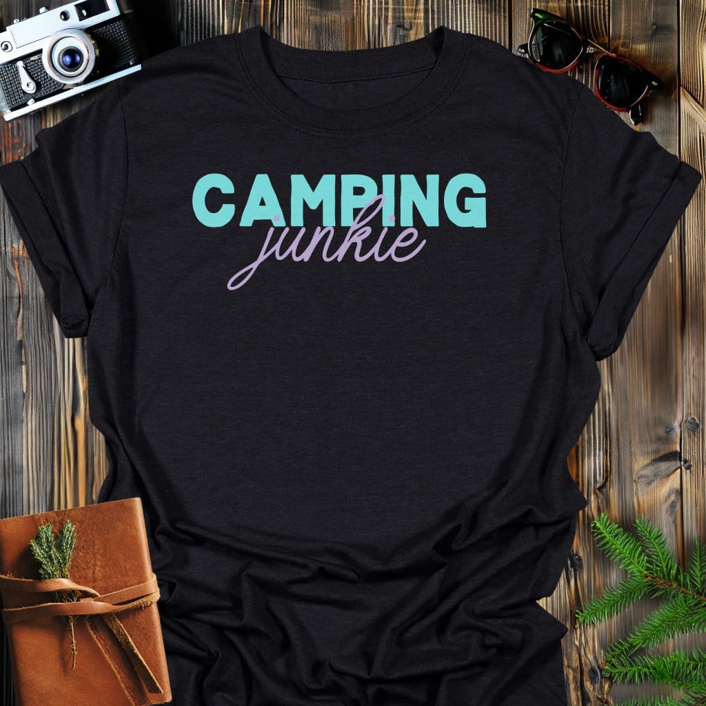 Camping Junkie T-Shirt In Black / S Lightweight adventure tee for outdoor lovers Perfect for hiking camping or road trips Made from soft breathable cotton for all-day comfort Ideal for nature lovers and adventurers FAYO Threads outdoor apparel remember Fun Awaits You Outside