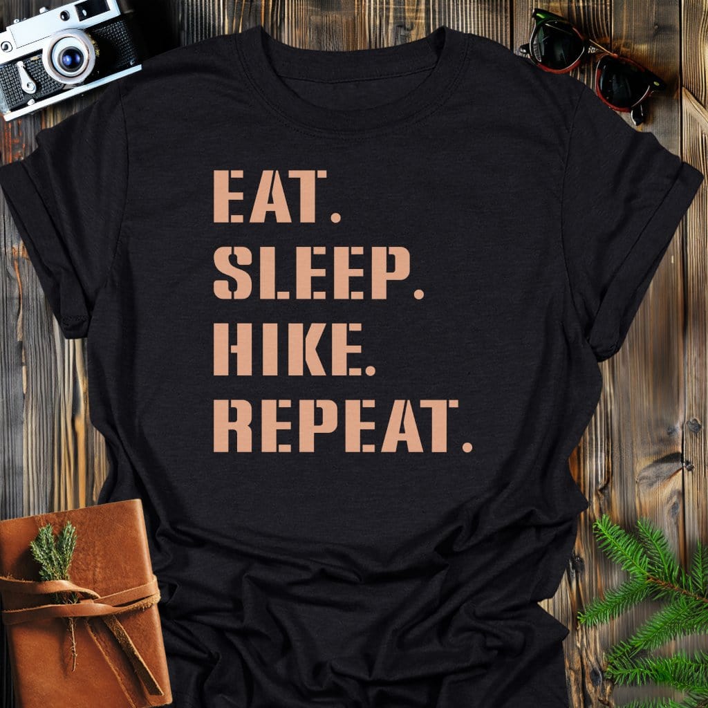 Hike Repeat T-Shirt In Black / S Lightweight adventure tee for outdoor lovers Perfect for hiking camping or road trips Made from soft breathable cotton for all-day comfort Ideal for nature lovers and adventurers FAYO Threads outdoor apparel remember Fun Awaits You Outside