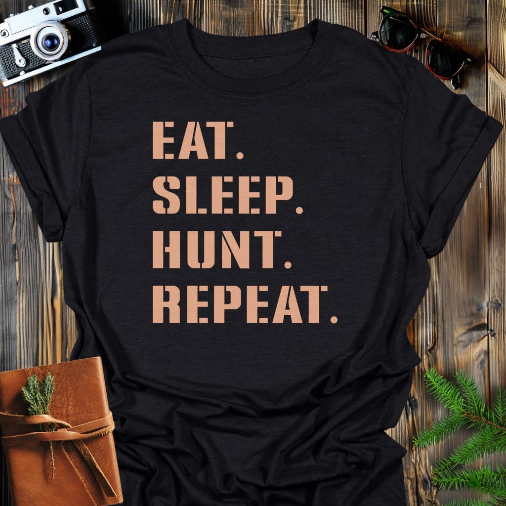Hunt Repeat T-Shirt In Black / S Lightweight adventure tee for outdoor lovers Perfect for hiking camping or road trips Made from soft breathable cotton for all-day comfort Ideal for nature lovers and adventurers FAYO Threads outdoor apparel remember Fun Awaits You Outside