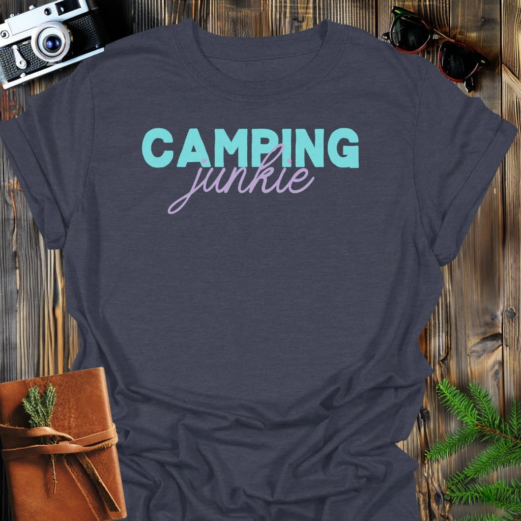 Camping Junkie T-Shirt In Dark Heather / S Lightweight adventure tee for outdoor lovers Perfect for hiking camping or road trips Made from soft breathable cotton for all-day comfort Ideal for nature lovers and adventurers FAYO Threads outdoor apparel remember Fun Awaits You Outside