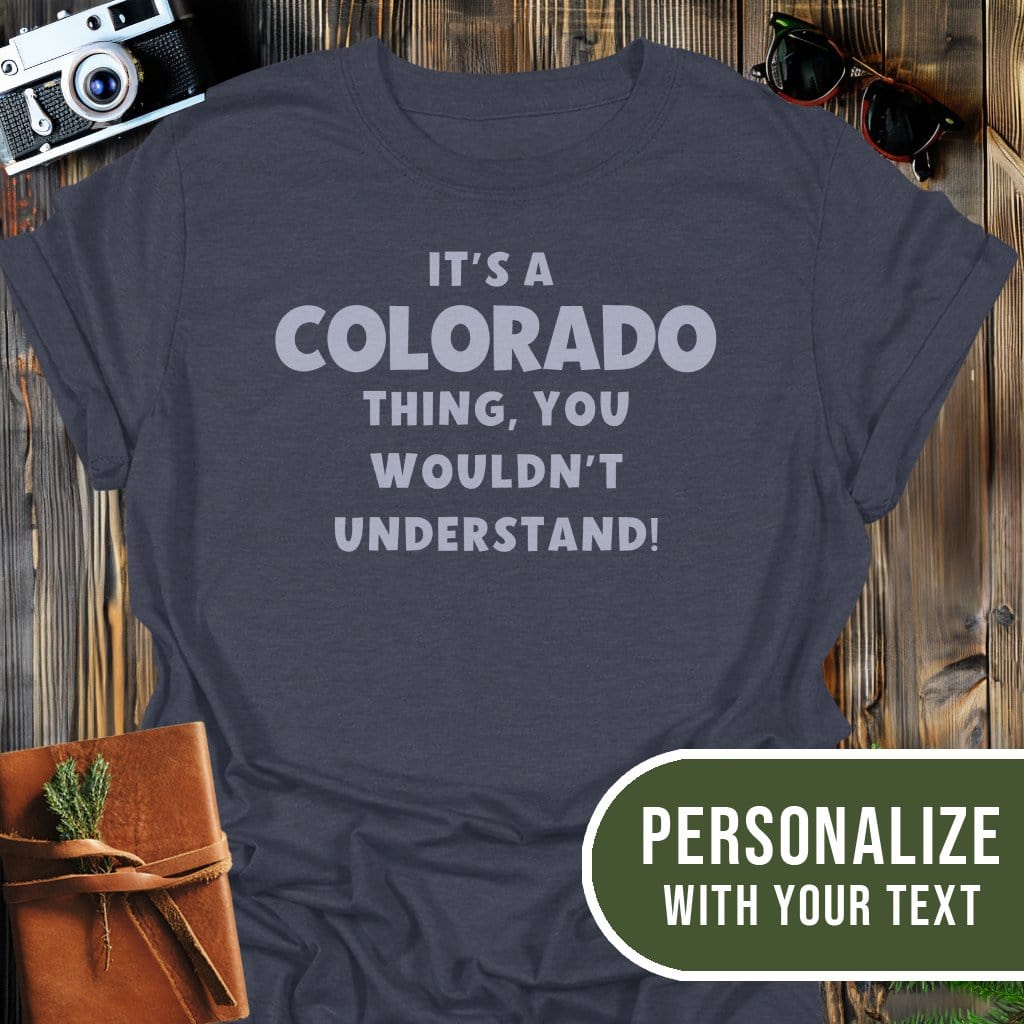 Personalized Colorado Vibes T-Shirt In Dark Heather / S Lightweight adventure tee for outdoor lovers Perfect for hiking camping or road trips Made from soft breathable cotton for all-day comfort Ideal for nature lovers and adventurers FAYO Threads outdoor apparel remember Fun Awaits You Outside
