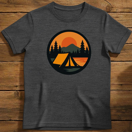 Sunset Tent T-Shirt In S / Dark Heather Lightweight adventure tee for outdoor lovers Perfect for hiking camping or road trips Made from soft breathable cotton for all-day comfort Ideal for nature lovers and adventurers FAYO Threads outdoor apparel remember Fun Awaits You Outside