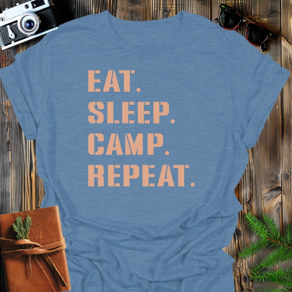 Camp Repeat T-Shirt In Heather Indigo / S Lightweight adventure tee for outdoor lovers Perfect for hiking camping or road trips Made from soft breathable cotton for all-day comfort Ideal for nature lovers and adventurers FAYO Threads outdoor apparel remember Fun Awaits You Outside