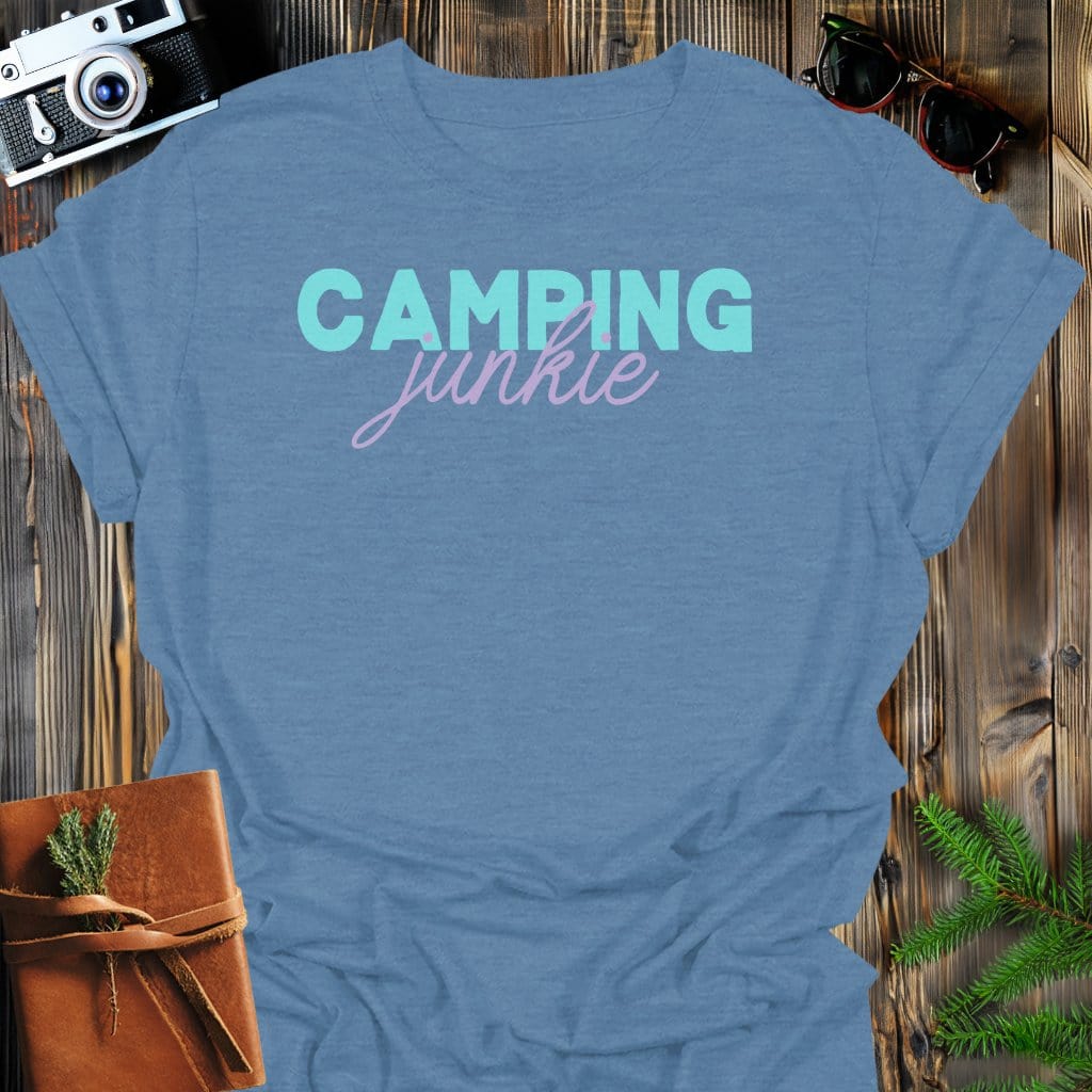Camping Junkie T-Shirt In Heather Indigo / S Lightweight adventure tee for outdoor lovers Perfect for hiking camping or road trips Made from soft breathable cotton for all-day comfort Ideal for nature lovers and adventurers FAYO Threads outdoor apparel remember Fun Awaits You Outside