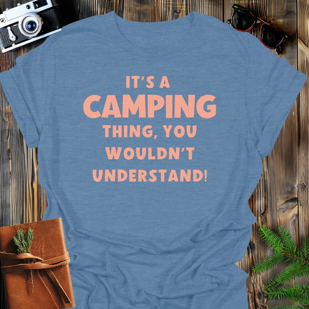Camping Life T-Shirt In Heather Indigo / S Lightweight adventure tee for outdoor lovers Perfect for hiking camping or road trips Made from soft breathable cotton for all-day comfort Ideal for nature lovers and adventurers FAYO Threads outdoor apparel remember Fun Awaits You Outside