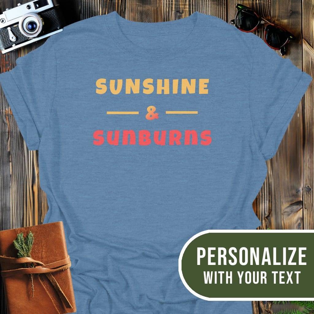 Personalized Sunshine & Sunburns T-Shirt In Heather Indigo / S Lightweight adventure tee for outdoor lovers Perfect for hiking camping or road trips Made from soft breathable cotton for all-day comfort Ideal for nature lovers and adventurers FAYO Threads outdoor apparel remember Fun Awaits You Outside