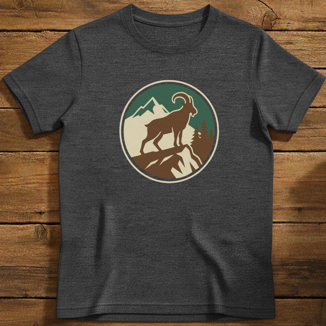 Mountain Goat Badge T-Shirt In S / Heather Navy Lightweight adventure tee for outdoor lovers Perfect for hiking camping or road trips Made from soft breathable cotton for all-day comfort Ideal for nature lovers and adventurers FAYO Threads outdoor apparel remember Fun Awaits You Outside