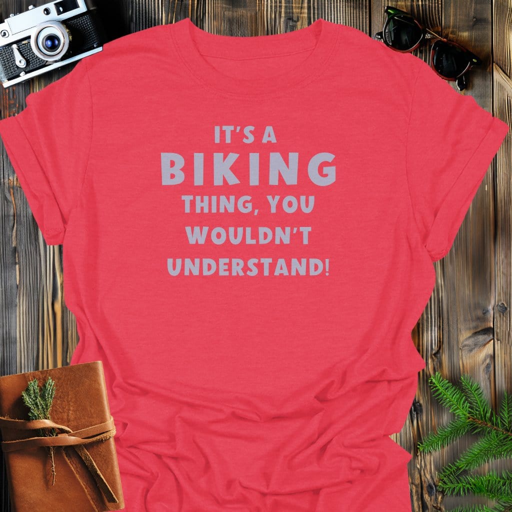 Biking Vibes T-Shirt In Heather Red / S Lightweight adventure tee for outdoor lovers Perfect for hiking camping or road trips Made from soft breathable cotton for all-day comfort Ideal for nature lovers and adventurers FAYO Threads outdoor apparel remember Fun Awaits You Outside