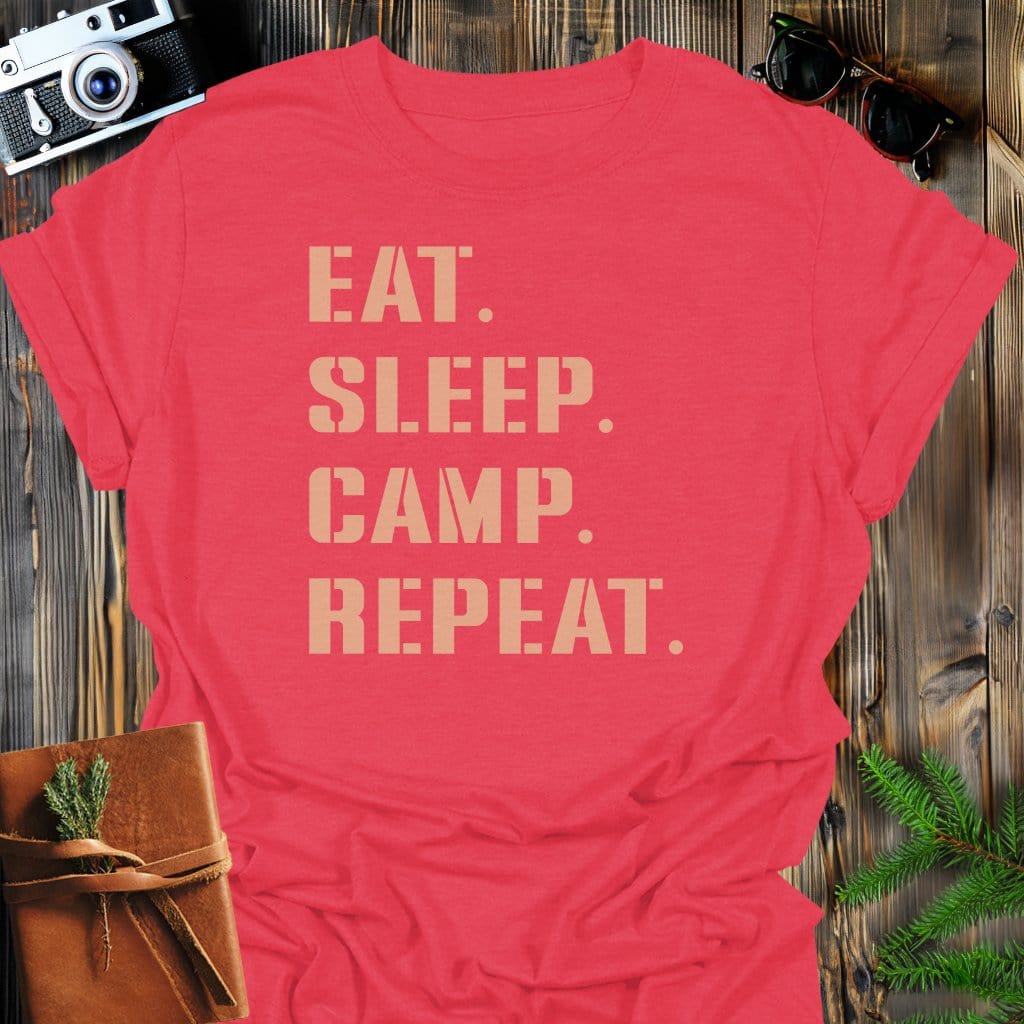 Camp Repeat T-Shirt In Heather Red / S Lightweight adventure tee for outdoor lovers Perfect for hiking camping or road trips Made from soft breathable cotton for all-day comfort Ideal for nature lovers and adventurers FAYO Threads outdoor apparel remember Fun Awaits You Outside