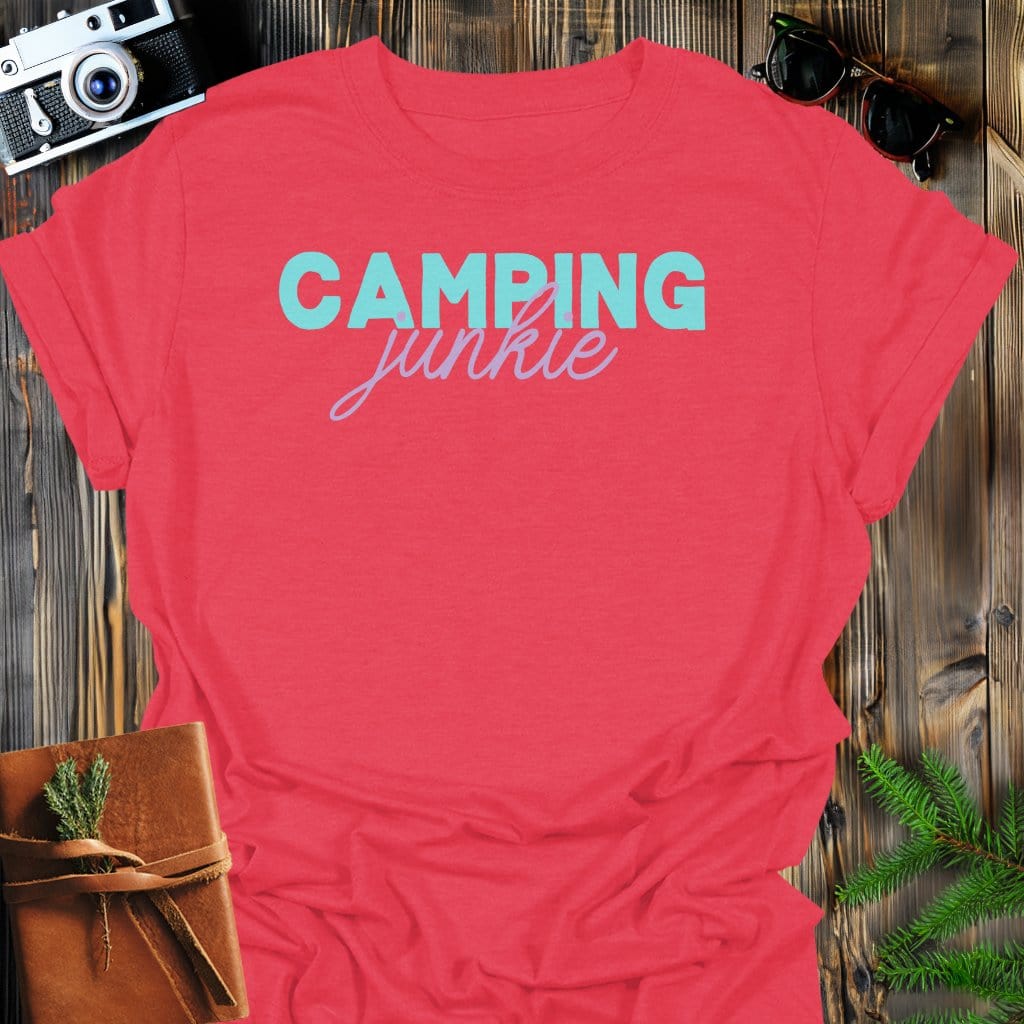 Camping Junkie T-Shirt In Heather Red / S Lightweight adventure tee for outdoor lovers Perfect for hiking camping or road trips Made from soft breathable cotton for all-day comfort Ideal for nature lovers and adventurers FAYO Threads outdoor apparel remember Fun Awaits You Outside