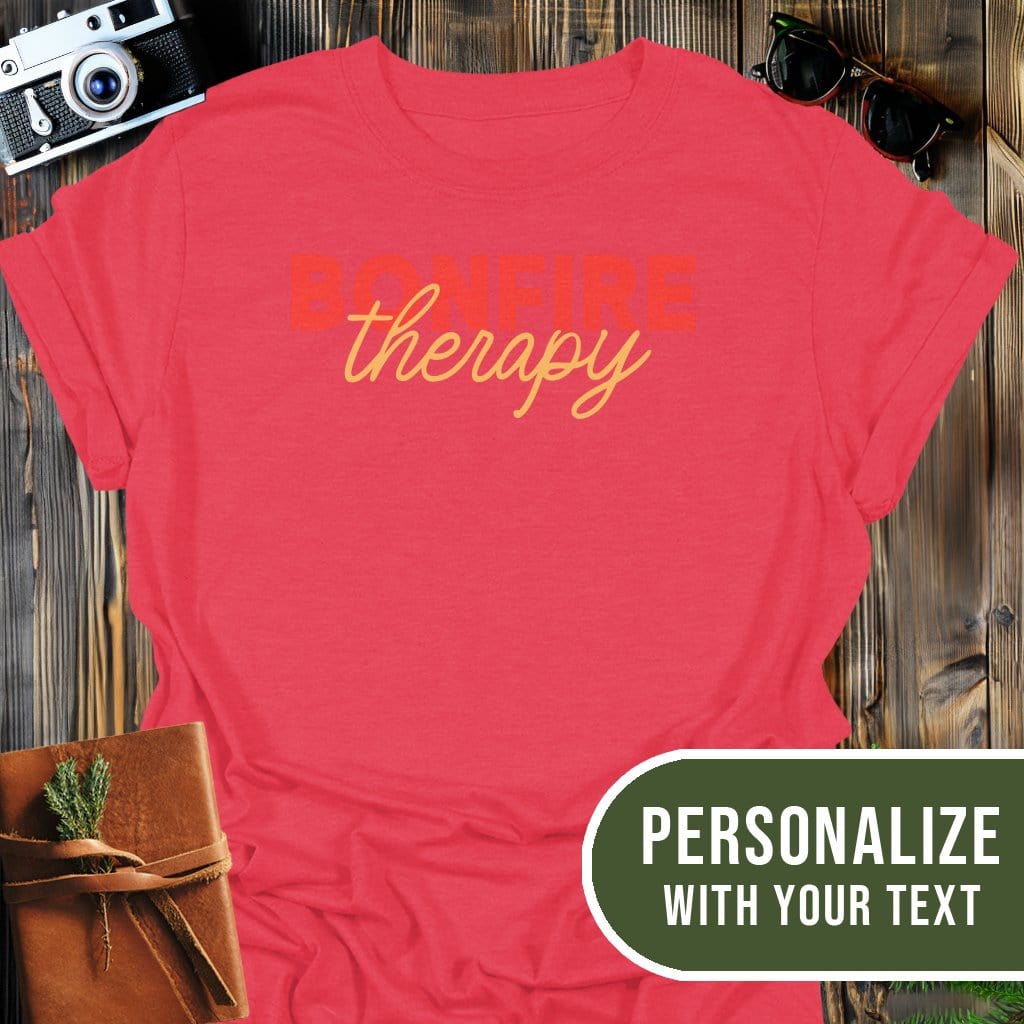 Personalized Bonfire Therapy T-Shirt In Heather Red / S Lightweight adventure tee for outdoor lovers Perfect for hiking camping or road trips Made from soft breathable cotton for all-day comfort Ideal for nature lovers and adventurers FAYO Threads outdoor apparel remember Fun Awaits You Outside