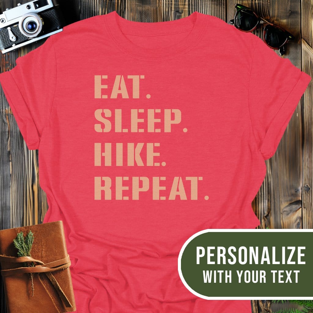 Personalized Hike Repeat T-Shirt In Heather Red / S Lightweight adventure tee for outdoor lovers Perfect for hiking camping or road trips Made from soft breathable cotton for all-day comfort Ideal for nature lovers and adventurers FAYO Threads outdoor apparel remember Fun Awaits You Outside