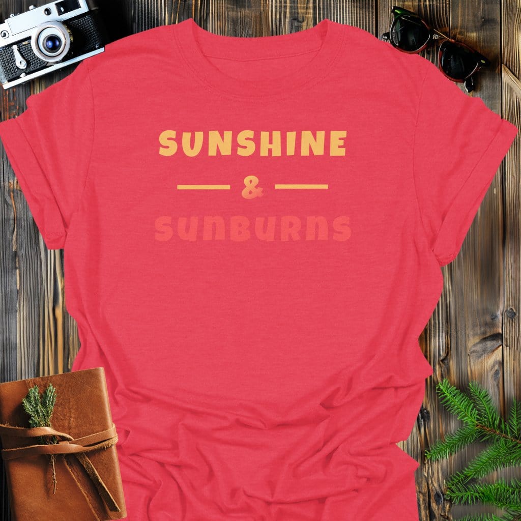 Sunshine & Sunburns T-Shirt In Heather Red / S Lightweight adventure tee for outdoor lovers Perfect for hiking camping or road trips Made from soft breathable cotton for all-day comfort Ideal for nature lovers and adventurers FAYO Threads outdoor apparel remember Fun Awaits You Outside