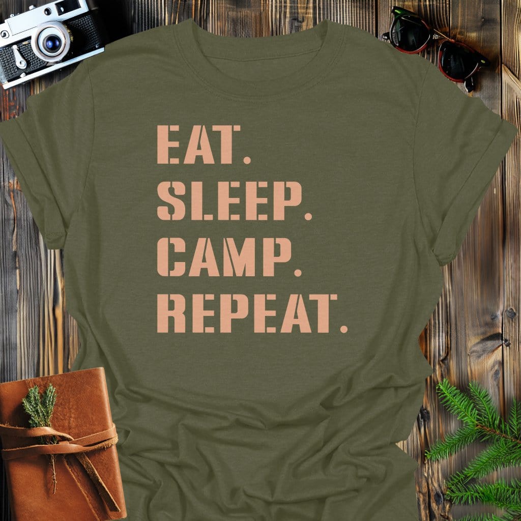 Camp Repeat T-Shirt In Military Green / S Lightweight adventure tee for outdoor lovers Perfect for hiking camping or road trips Made from soft breathable cotton for all-day comfort Ideal for nature lovers and adventurers FAYO Threads outdoor apparel remember Fun Awaits You Outside