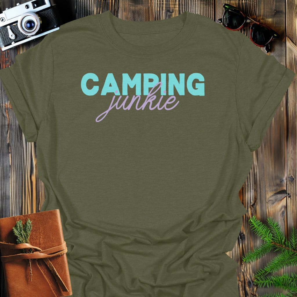 Camping Junkie T-Shirt In Military Green / S Lightweight adventure tee for outdoor lovers Perfect for hiking camping or road trips Made from soft breathable cotton for all-day comfort Ideal for nature lovers and adventurers FAYO Threads outdoor apparel remember Fun Awaits You Outside