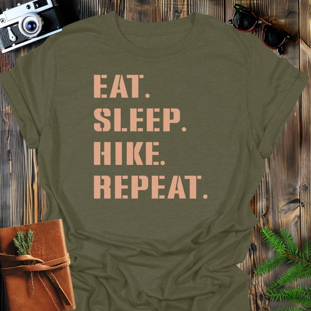 Hike Repeat T-Shirt In Military Green / S Lightweight adventure tee for outdoor lovers Perfect for hiking camping or road trips Made from soft breathable cotton for all-day comfort Ideal for nature lovers and adventurers FAYO Threads outdoor apparel remember Fun Awaits You Outside