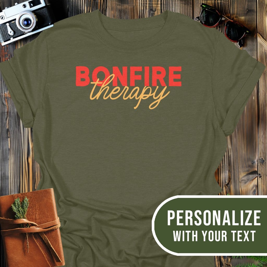 Personalized Bonfire Therapy T-Shirt In Military Green / S Lightweight adventure tee for outdoor lovers Perfect for hiking camping or road trips Made from soft breathable cotton for all-day comfort Ideal for nature lovers and adventurers FAYO Threads outdoor apparel remember Fun Awaits You Outside