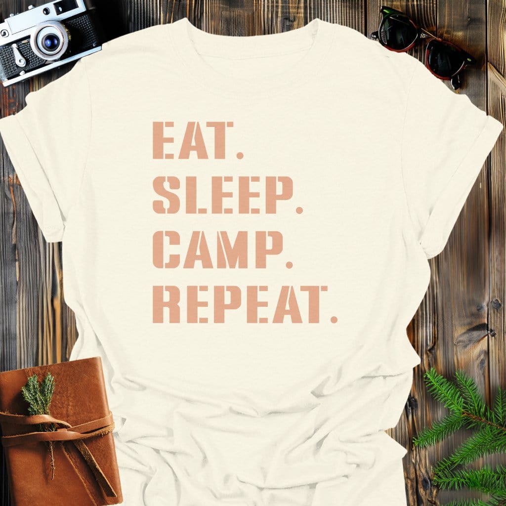 Camp Repeat T-Shirt In Natural / S Lightweight adventure tee for outdoor lovers Perfect for hiking camping or road trips Made from soft breathable cotton for all-day comfort Ideal for nature lovers and adventurers FAYO Threads outdoor apparel remember Fun Awaits You Outside