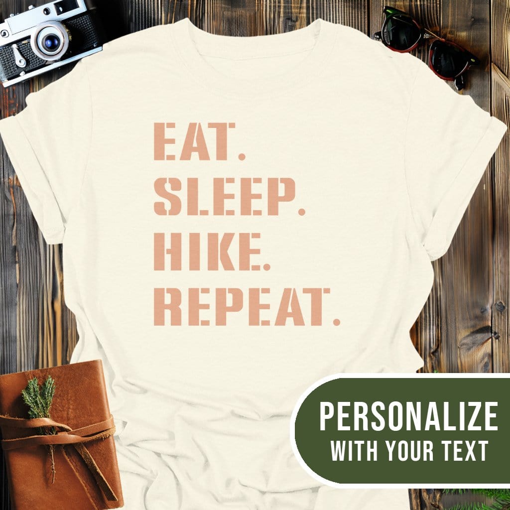 Personalized Hike Repeat T-Shirt In Natural / S Lightweight adventure tee for outdoor lovers Perfect for hiking camping or road trips Made from soft breathable cotton for all-day comfort Ideal for nature lovers and adventurers FAYO Threads outdoor apparel remember Fun Awaits You Outside