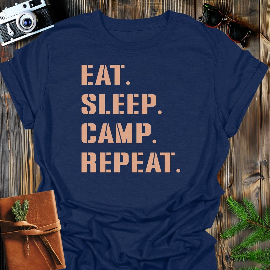 Camp Repeat T-Shirt In Navy / S Lightweight adventure tee for outdoor lovers Perfect for hiking camping or road trips Made from soft breathable cotton for all-day comfort Ideal for nature lovers and adventurers FAYO Threads outdoor apparel remember Fun Awaits You Outside