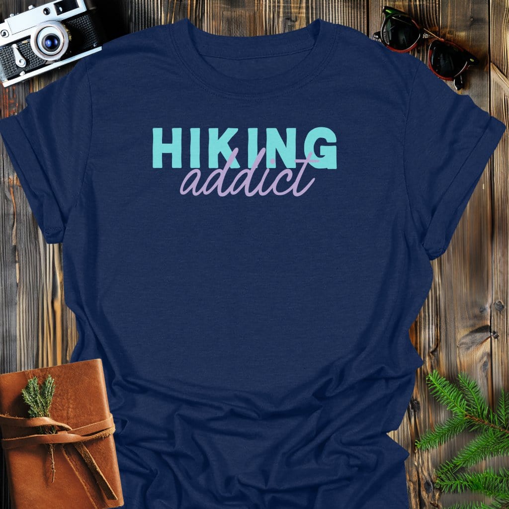 Hiking Addict T-Shirt In Navy / S Lightweight adventure tee for outdoor lovers Perfect for hiking camping or road trips Made from soft breathable cotton for all-day comfort Ideal for nature lovers and adventurers FAYO Threads outdoor apparel remember Fun Awaits You Outside