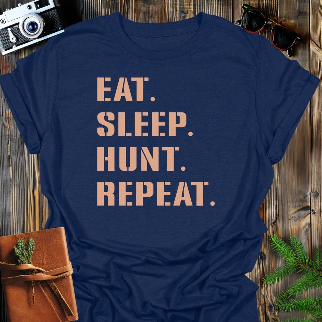 Hunt Repeat T-Shirt In Navy / S Lightweight adventure tee for outdoor lovers Perfect for hiking camping or road trips Made from soft breathable cotton for all-day comfort Ideal for nature lovers and adventurers FAYO Threads outdoor apparel remember Fun Awaits You Outside