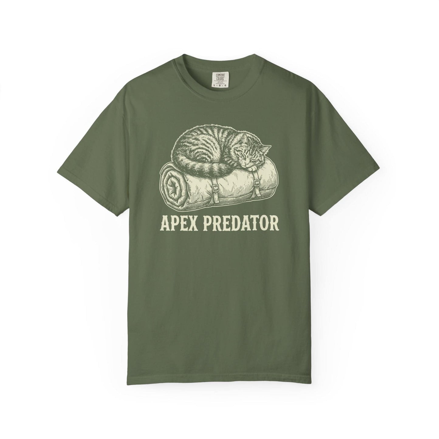 Apex Predator the Cat T-Shirt In Sage / S Lightweight adventure tee for outdoor lovers Perfect for hiking camping or road trips Made from soft breathable cotton for all-day comfort Ideal for nature lovers and adventurers FAYO Threads outdoor apparel remember Fun Awaits You Outside