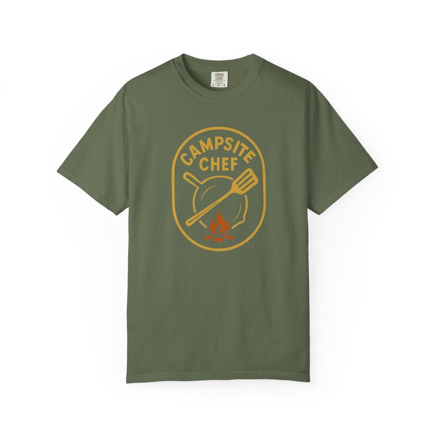 Campsite Chef T-Shirt In Sage / S Lightweight adventure tee for outdoor lovers Perfect for hiking camping or road trips Made from soft breathable cotton for all-day comfort Ideal for nature lovers and adventurers FAYO Threads outdoor apparel remember Fun Awaits You Outside