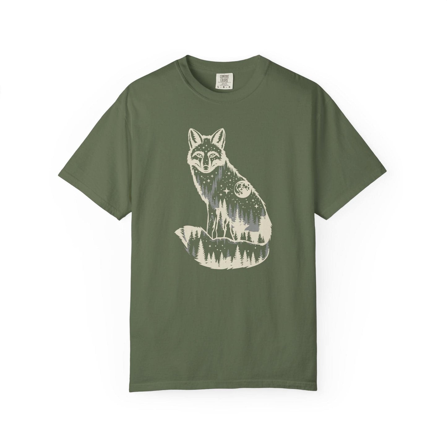 Moonlite Fox T-Shirt In Sage / S Lightweight adventure tee for outdoor lovers Perfect for hiking camping or road trips Made from soft breathable cotton for all-day comfort Ideal for nature lovers and adventurers FAYO Threads outdoor apparel remember Fun Awaits You Outside