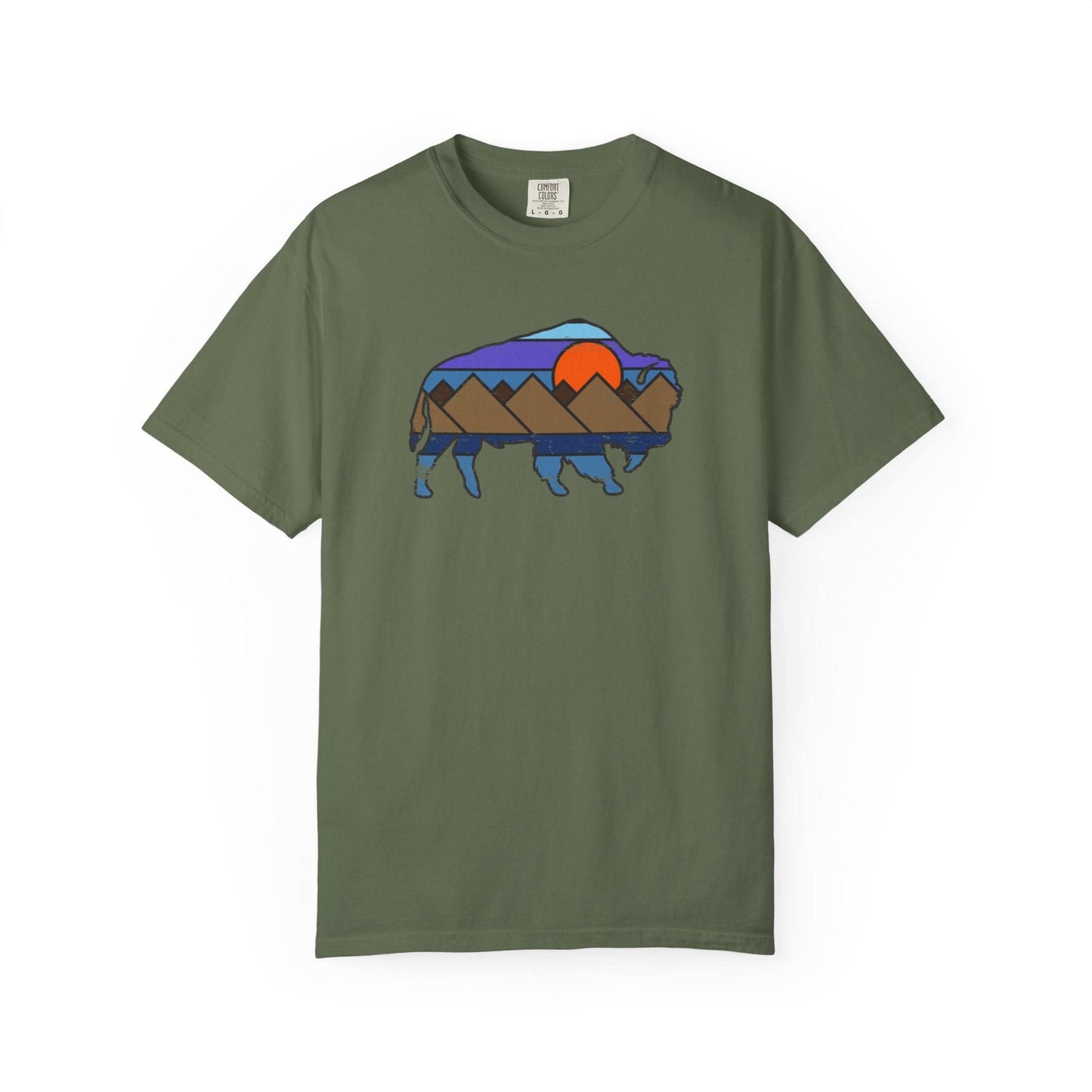 Sunset Buffalo T-Shirt In Sage / S Lightweight adventure tee for outdoor lovers Perfect for hiking camping or road trips Made from soft breathable cotton for all-day comfort Ideal for nature lovers and adventurers FAYO Threads outdoor apparel remember Fun Awaits You Outside